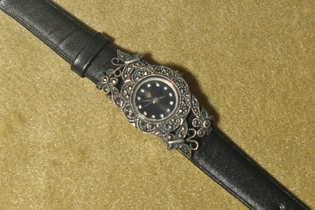 Intricate Floral Timepiece Black Leather Strap Watch