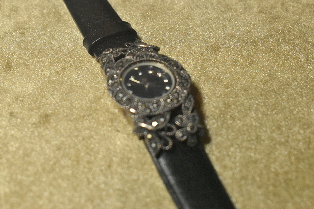 Intricate Floral Timepiece Black Leather Strap Watch