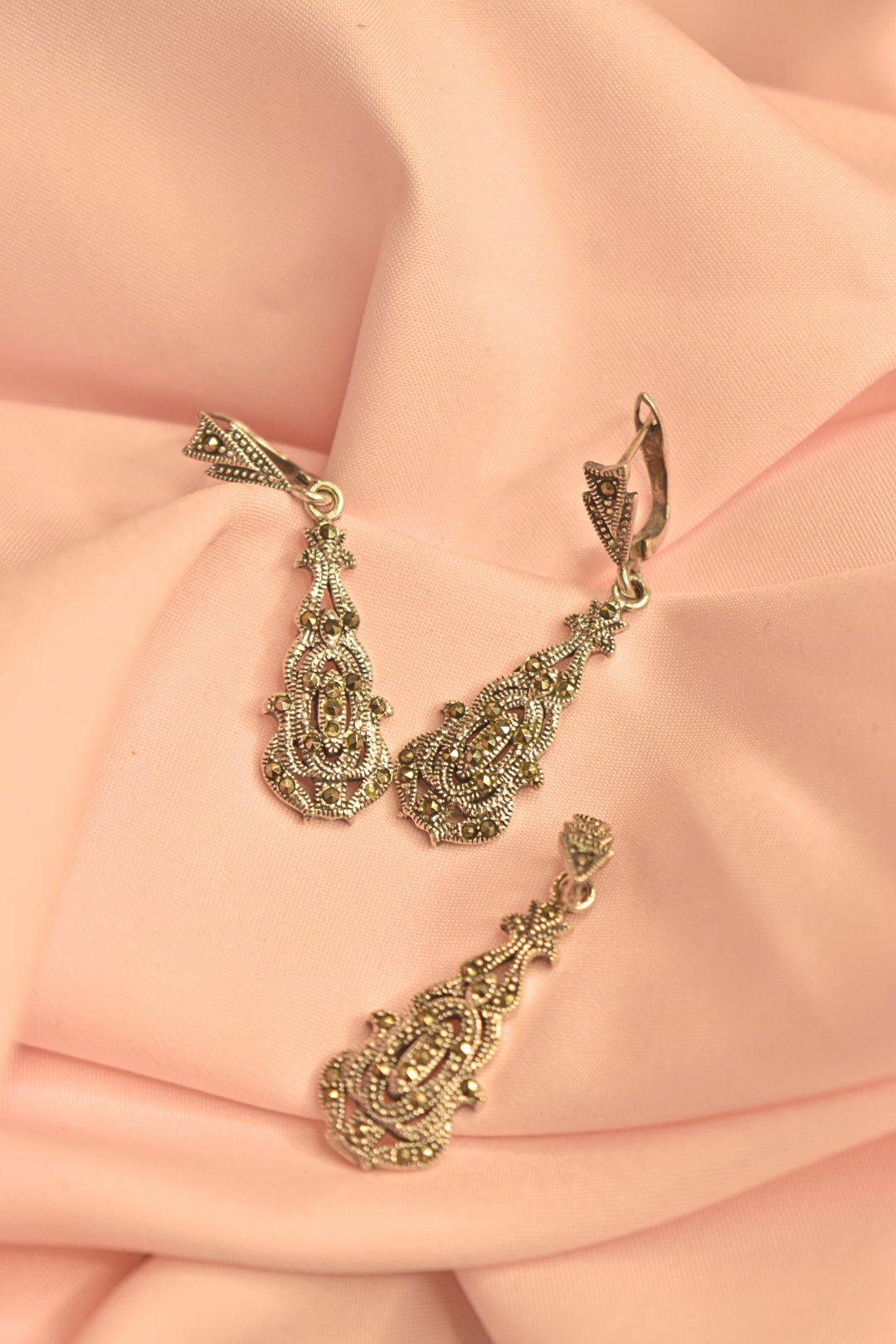 Vintage-Inspired Marcasite Earrings and Pendant Set