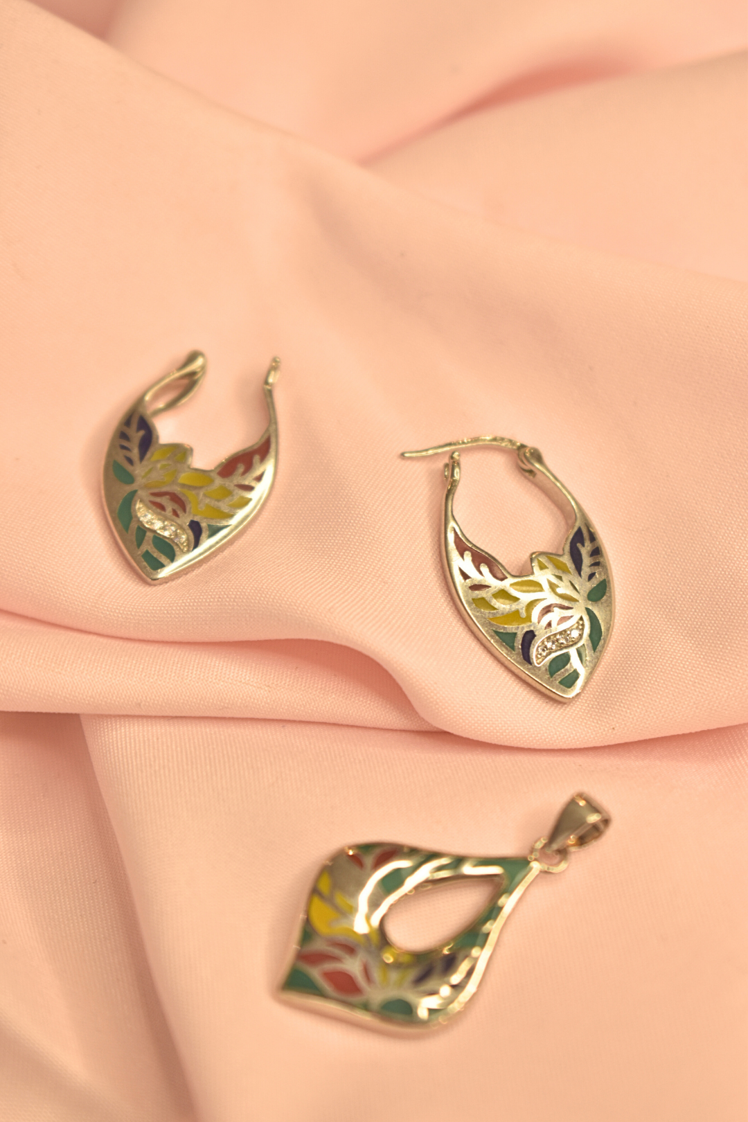 Colorful Enamel Hoop Earrings with Leaf Design