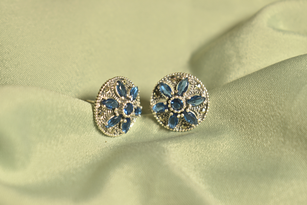 Elegant Blue Sapphire Floral Stud Earrings