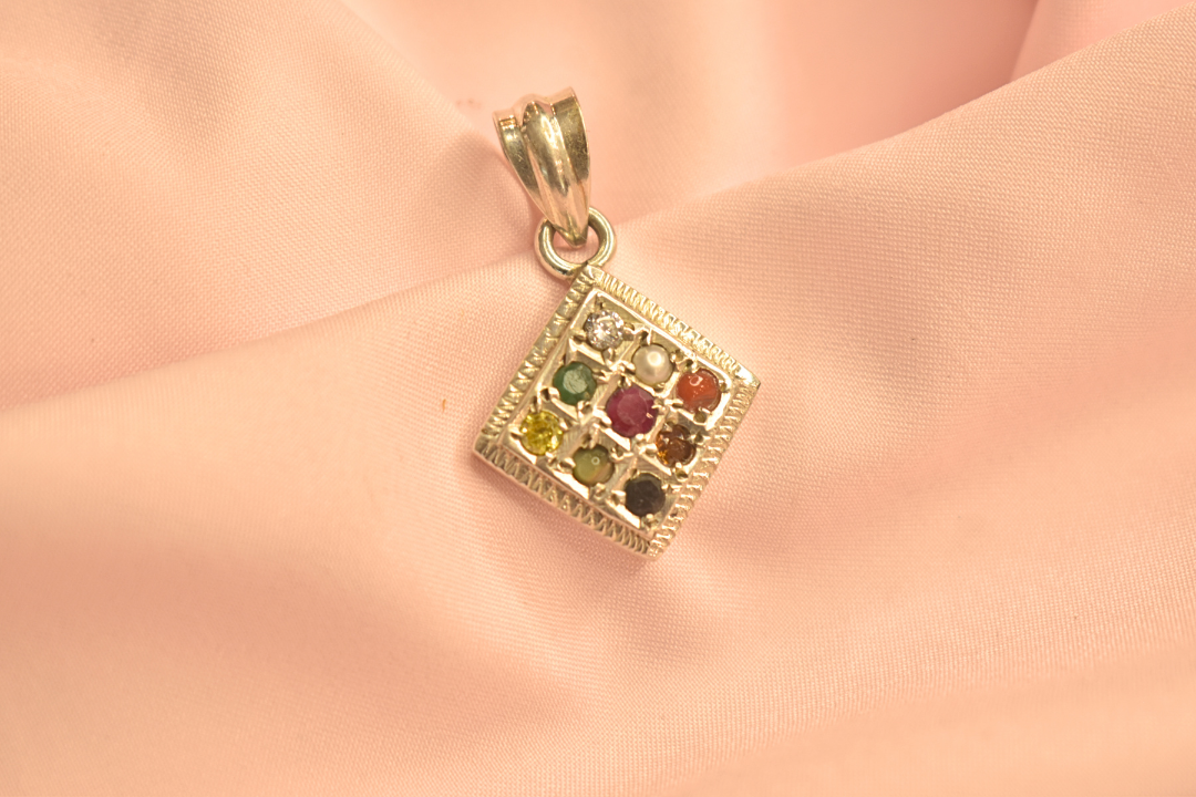 Elegant Square Pendant with Multi-Color Gemstones in Silver Frame