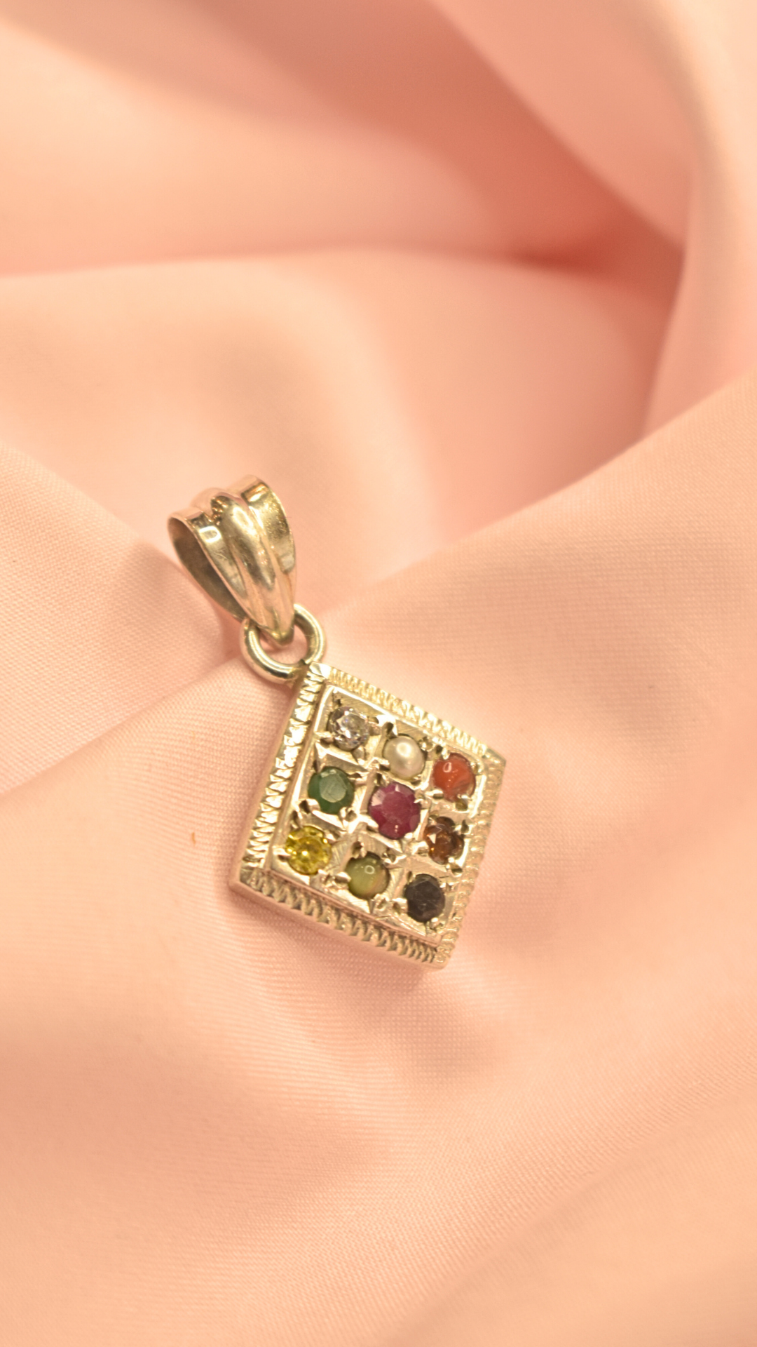 Elegant Square Pendant with Multi-Color Gemstones in Silver Frame