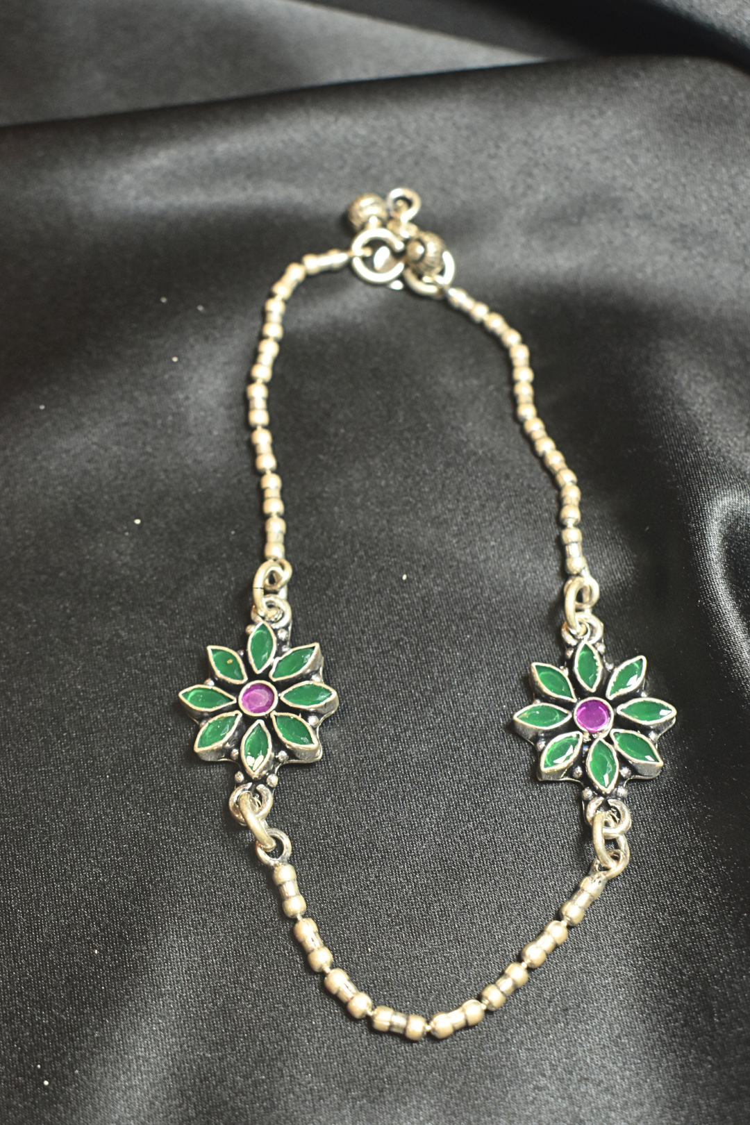 Elegant Floral Green and Purple Accents Anklets