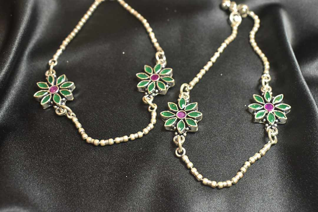 Elegant Floral Green and Purple Accents Anklets