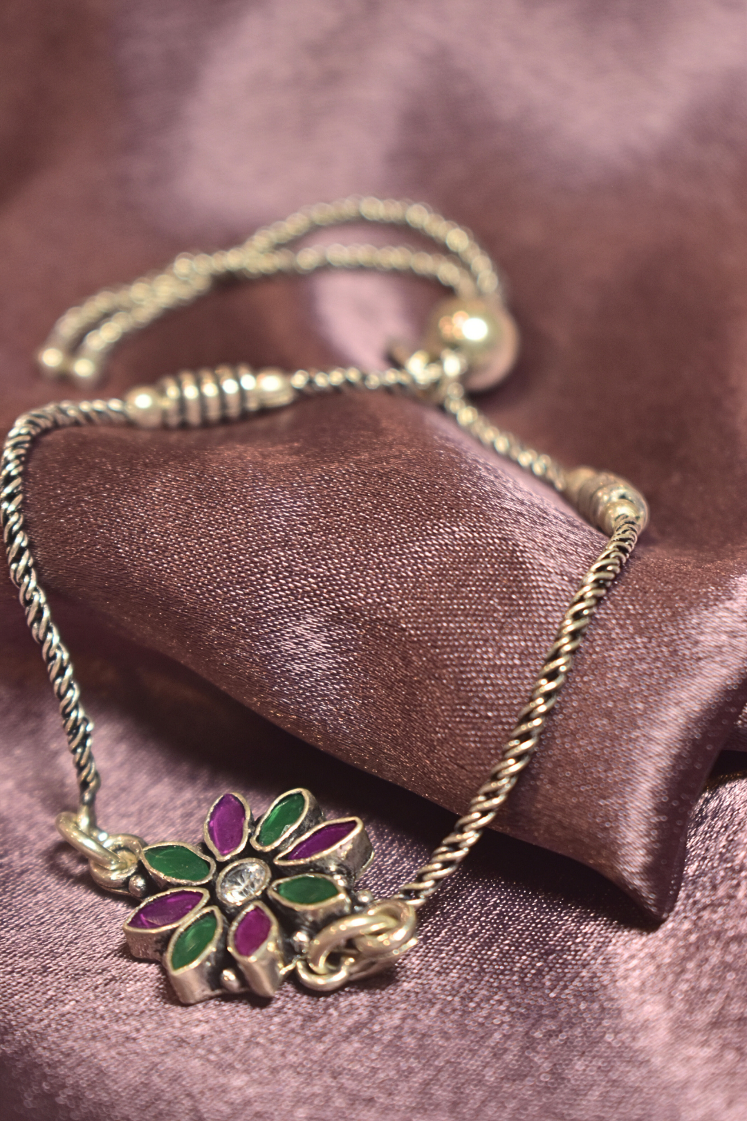 Colorful Floral Bracelet with Green and Pink Petals