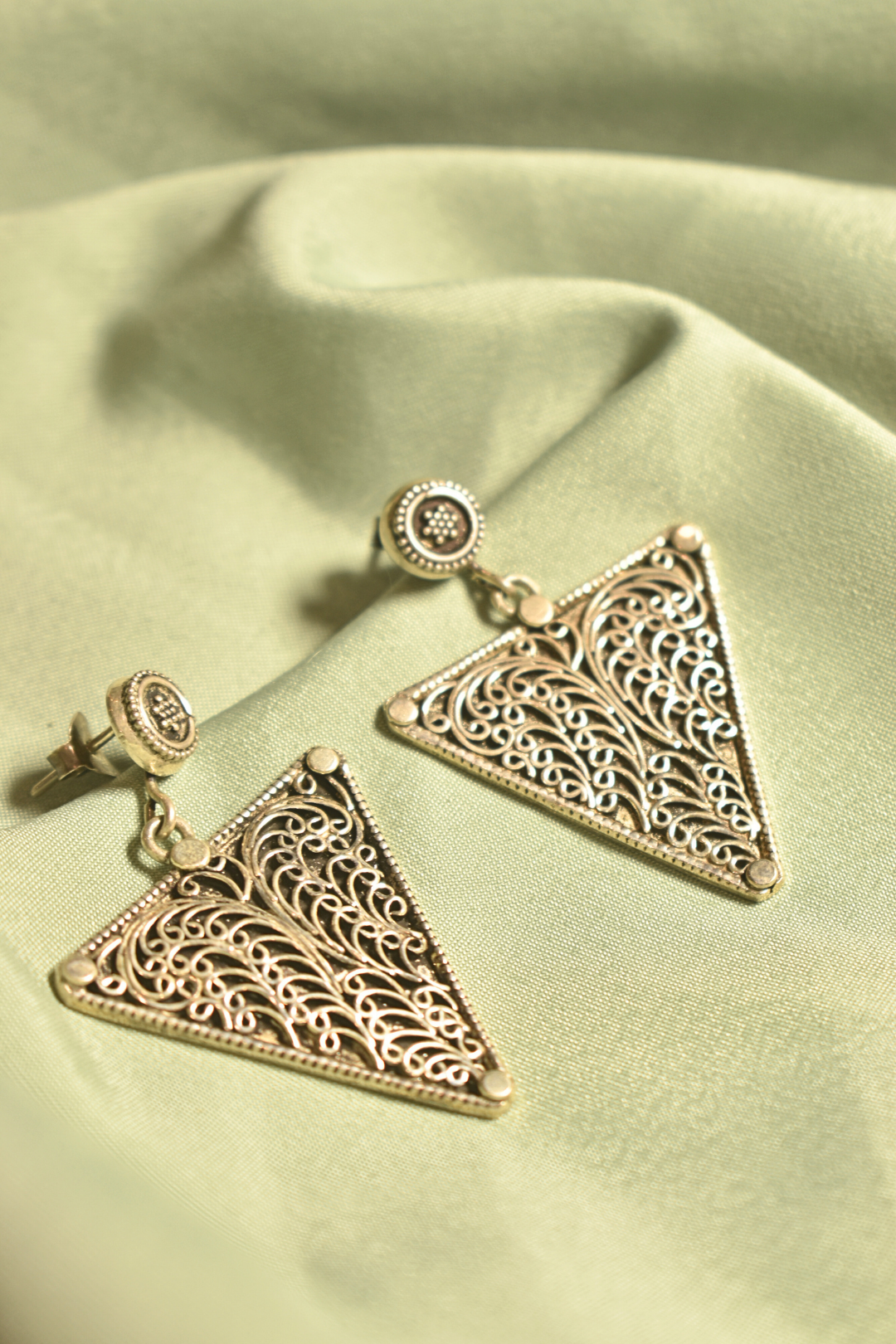 Geometric Filigree Triangle Drop Earrings
