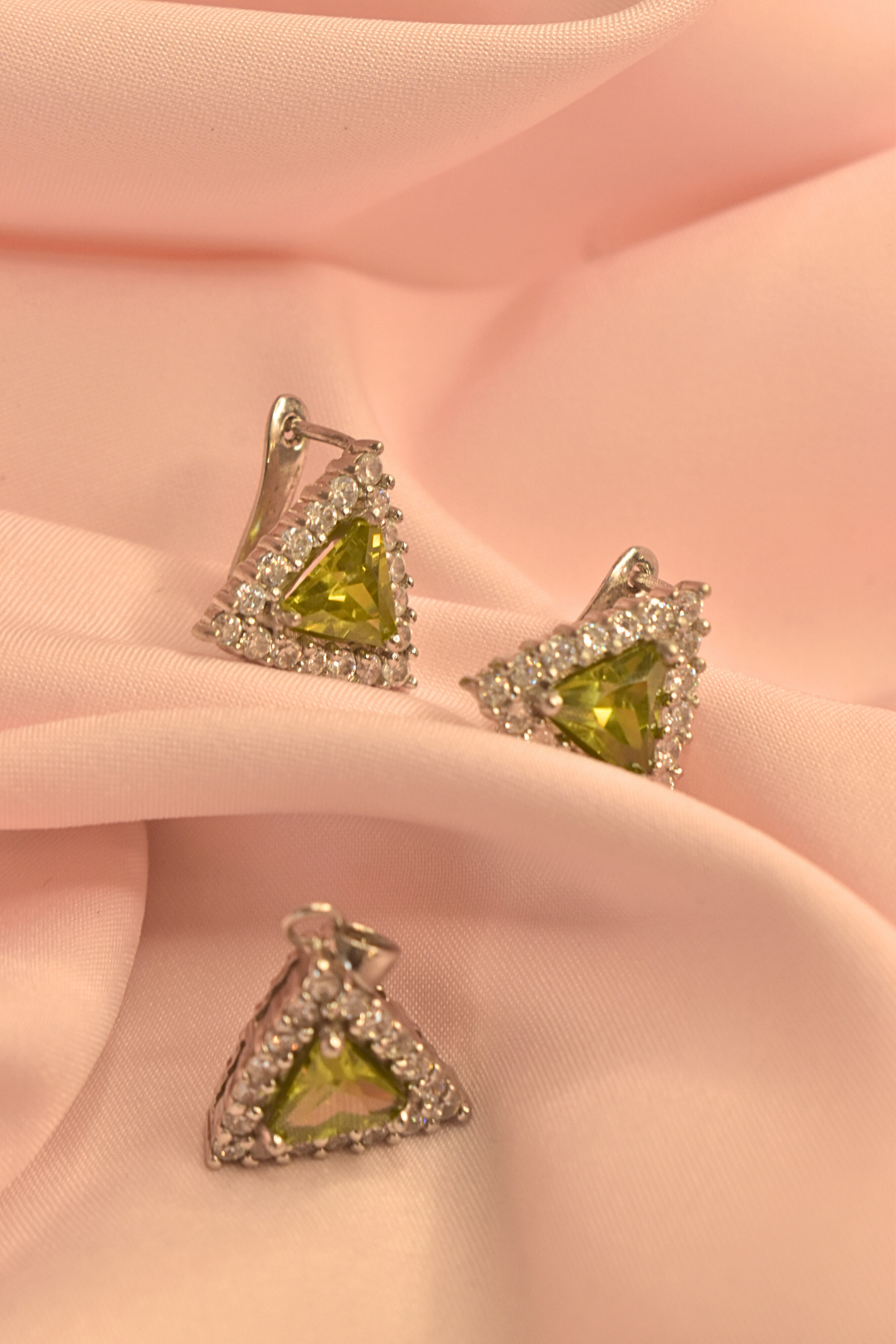 Triangular Gemstone Earrings and Pendant Set