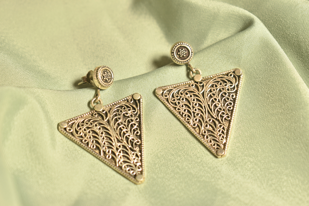 Geometric Filigree Triangle Drop Earrings