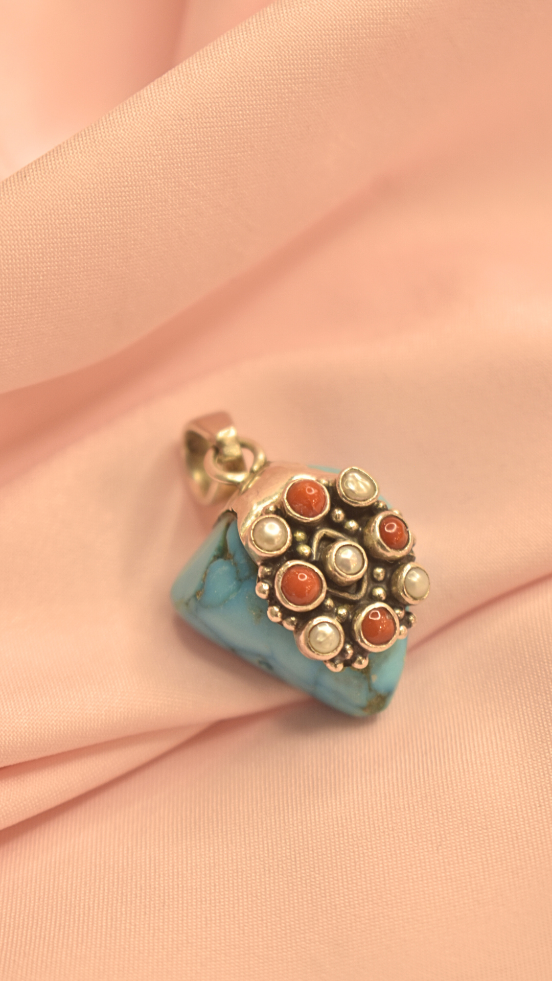 Bohemian Turquoise Pendant with Coral Accents