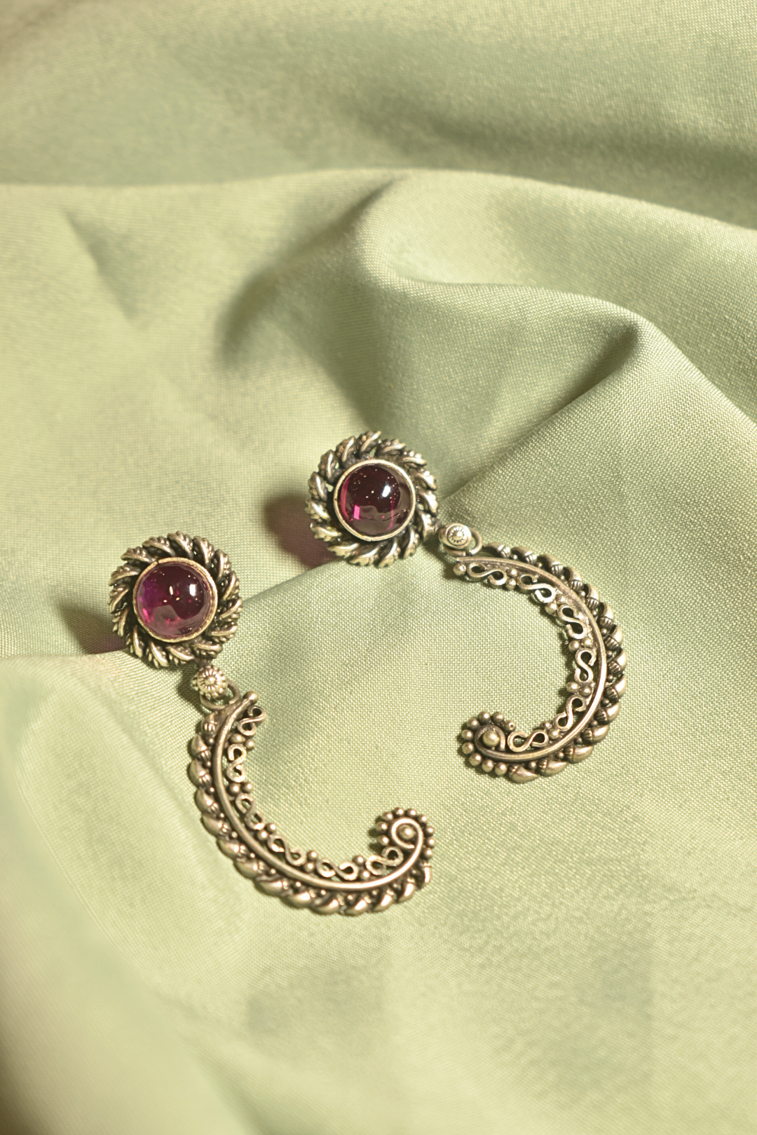 Ornate Crescent Silver Earrings with Gemstone