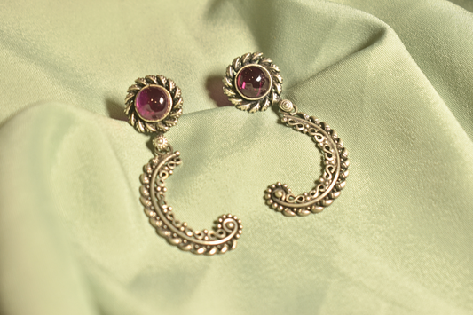 Ornate Crescent Silver Earrings with Gemstone