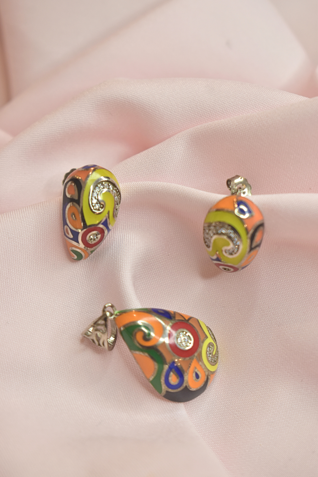 Colorful Enamel Earrings and Pendant Set