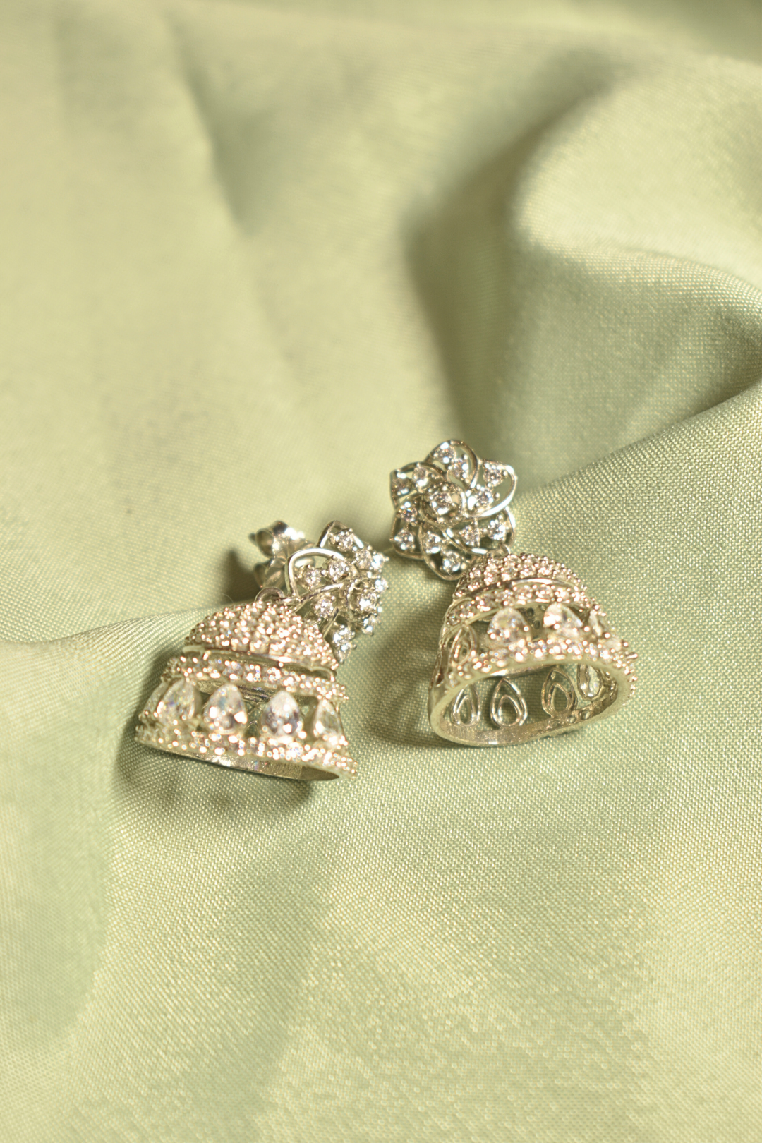 Graceful Chimes Sparkling Silver Jhumka Earrings