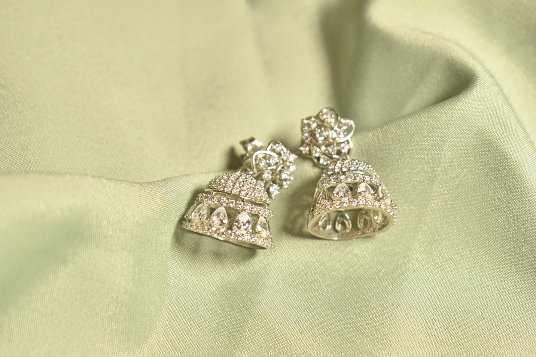Graceful Chimes Sparkling Silver Jhumka Earrings