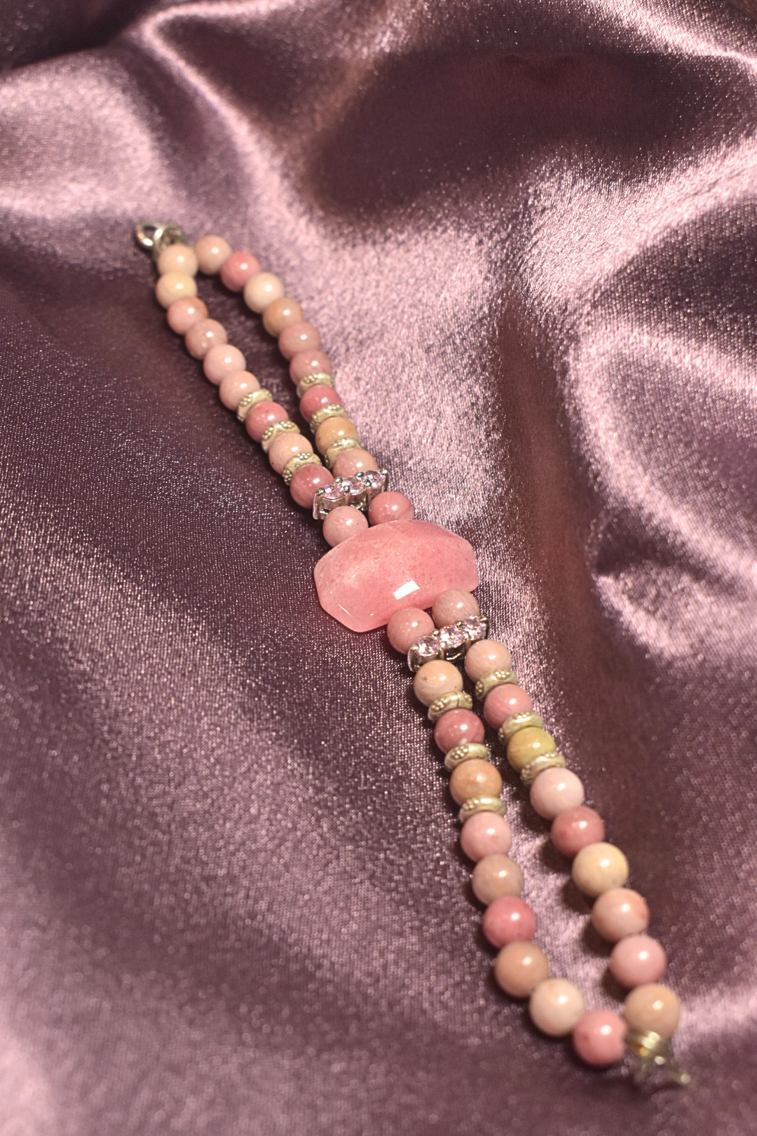 Blush Pink Beaded Bracelet with Crystal Accents and Centerpiece Charm