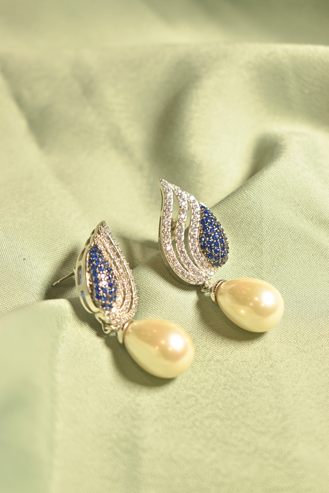 Oceanic Grace Sapphire Silver Earrings with Pearl Drops