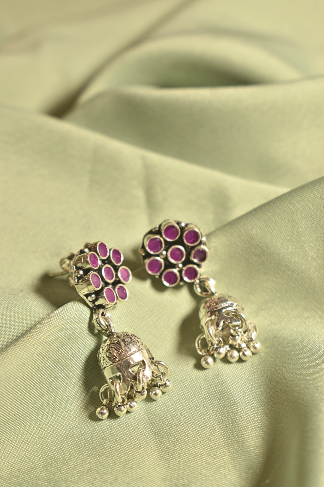 Blooming Grace Floral Silver Earrings with Jhumka Charm