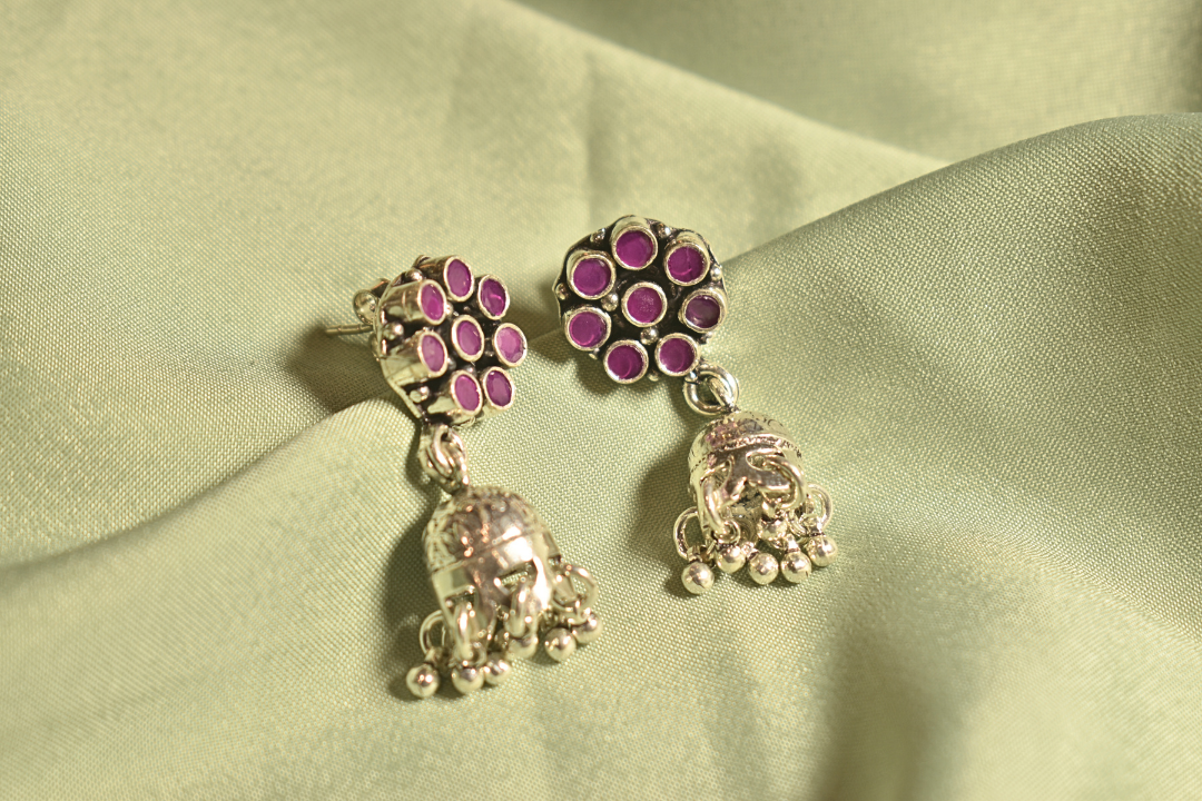Blooming Grace Floral Silver Earrings with Jhumka Charm