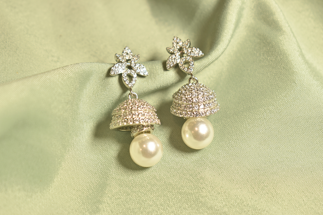 Pearl Blossom Sparkling Floral Jhumka Earrings