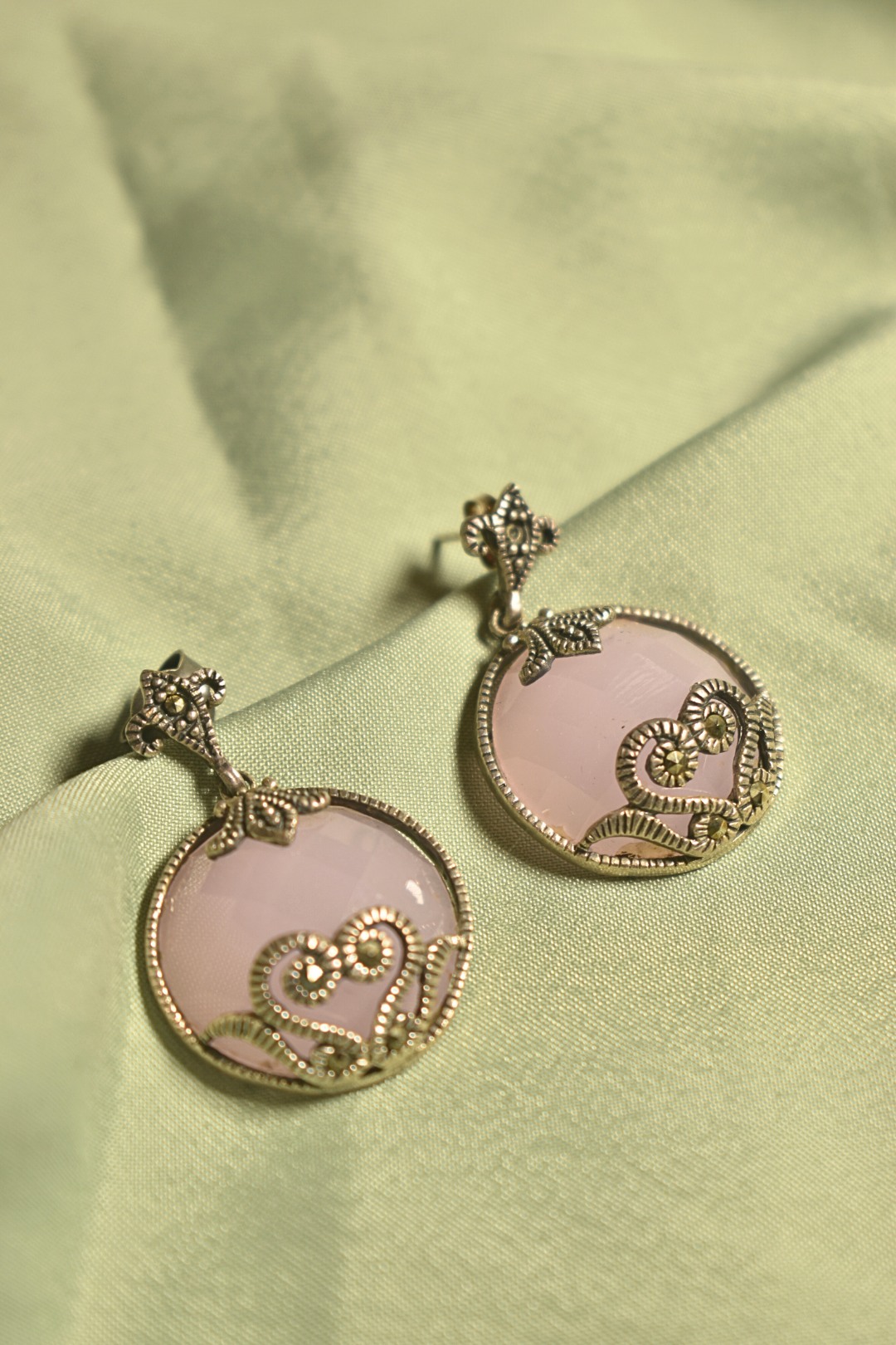 Ethereal Grace Pastel Pink Vintage Round Earrings