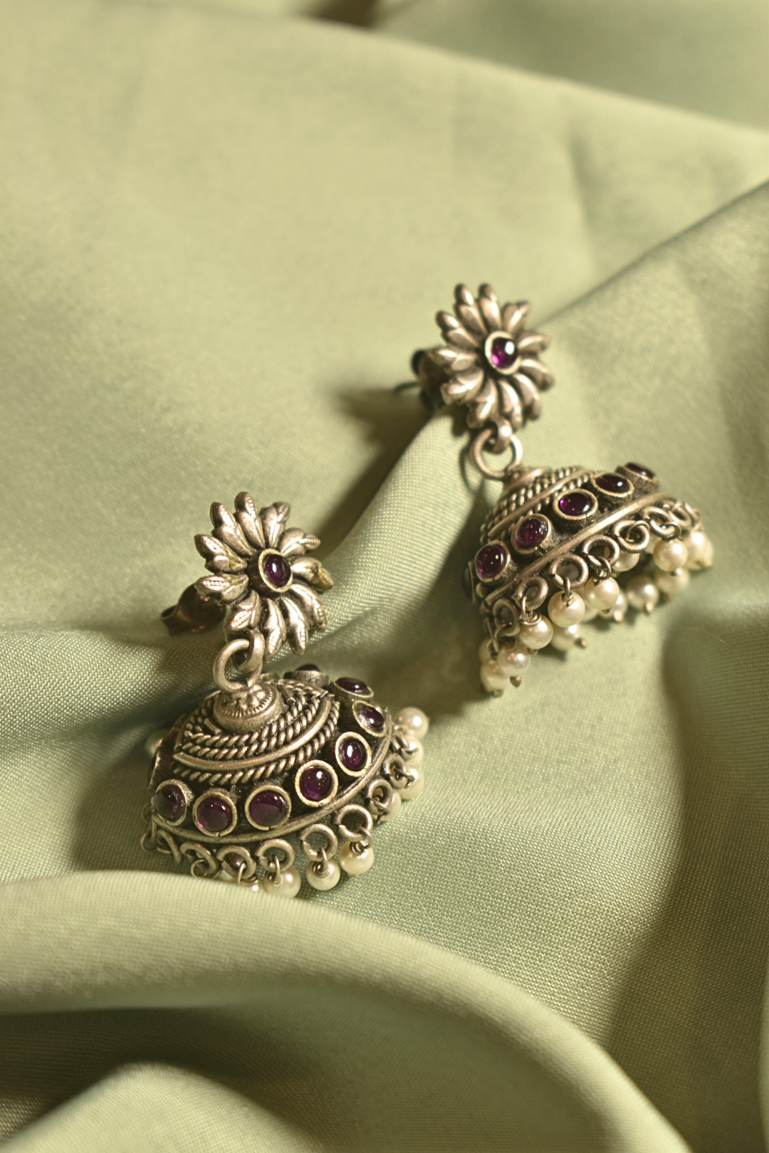Vintage Bloom Floral Jhumka Earrings with Pearl Drops