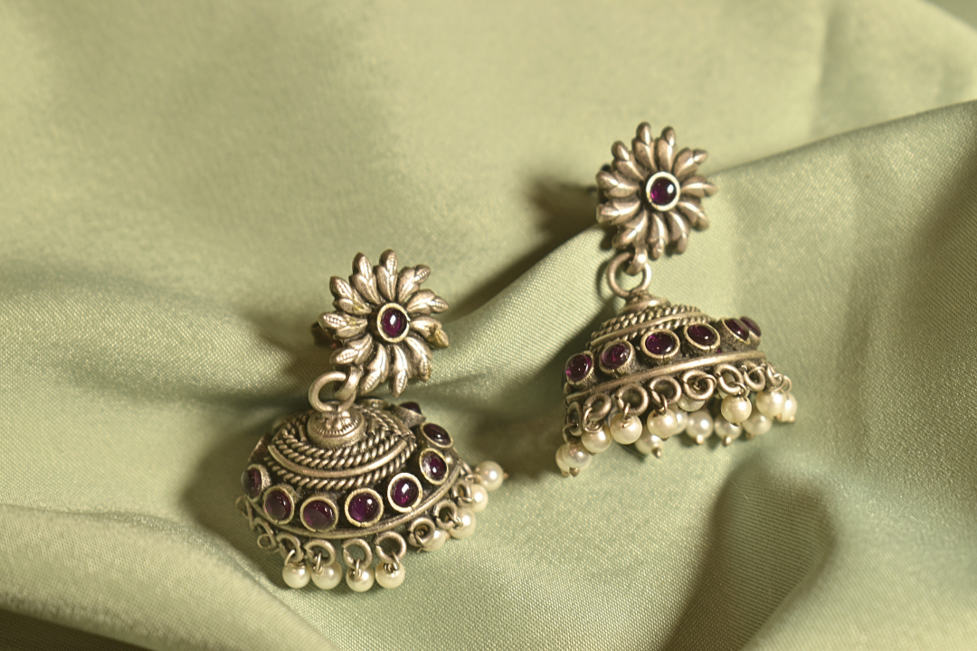 Vintage Bloom Floral Jhumka Earrings with Pearl Drops