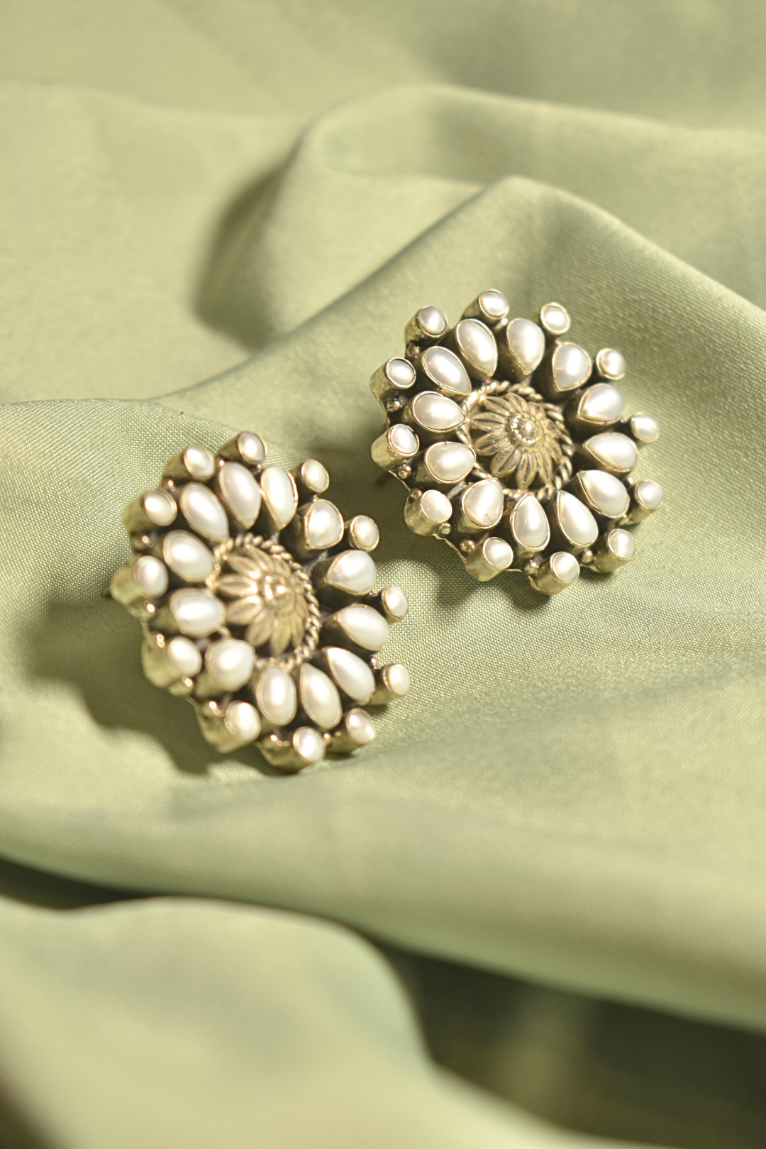 Pearl Radiance Floral Silver Stud Earrings