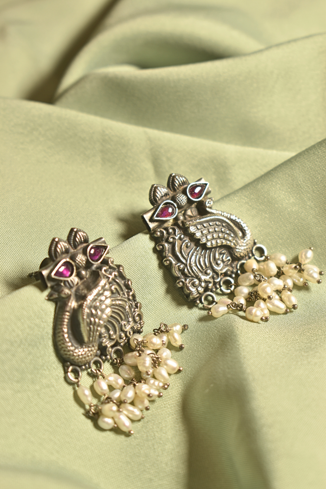 Majestic Peacock Silver Earrings with Pearl Drops