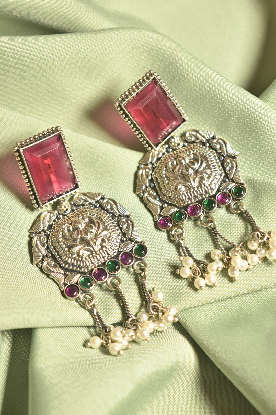 Royal Grace Silver Chandbali Earrings with Ruby and Pearl Accents