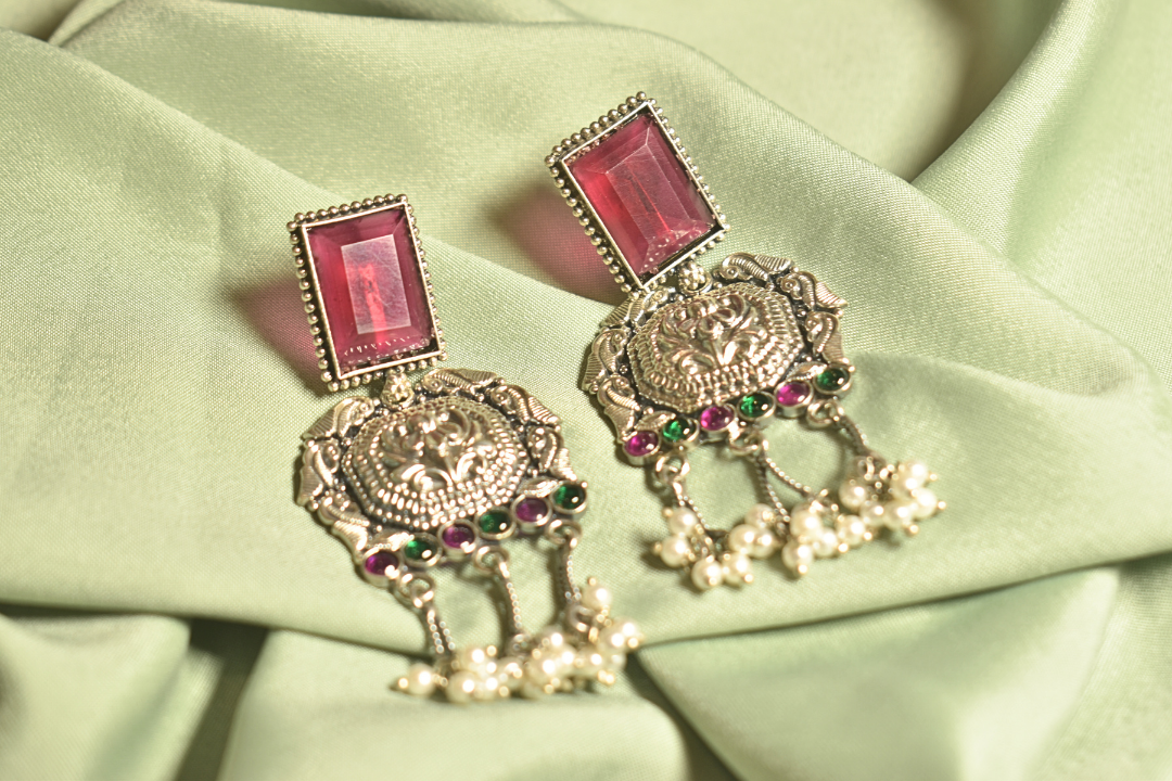 Royal Grace Silver Chandbali Earrings with Ruby and Pearl Accents