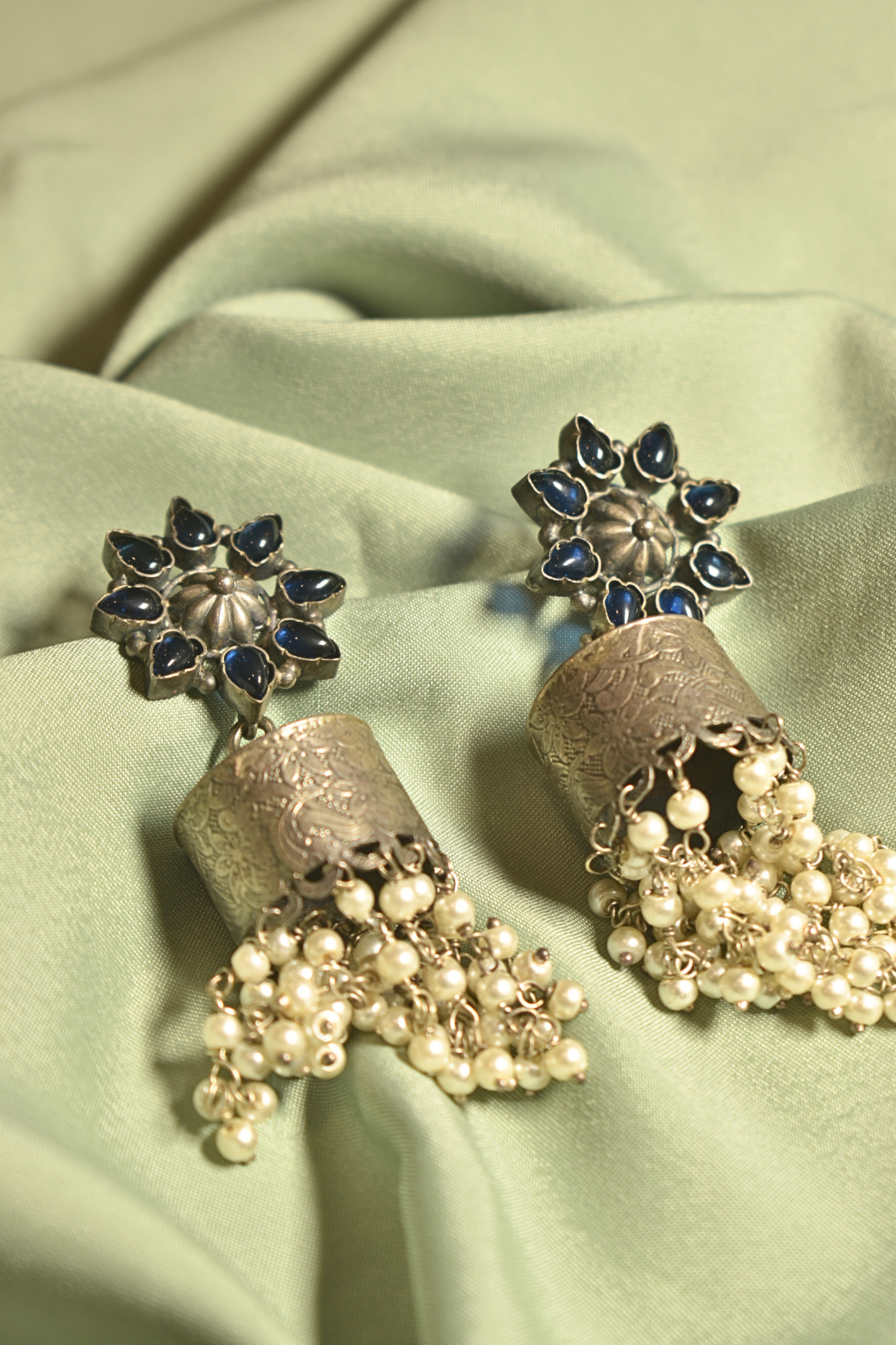 Blue Blossom Elegance Silver Jhumka Earrings with Pearl Cascades
