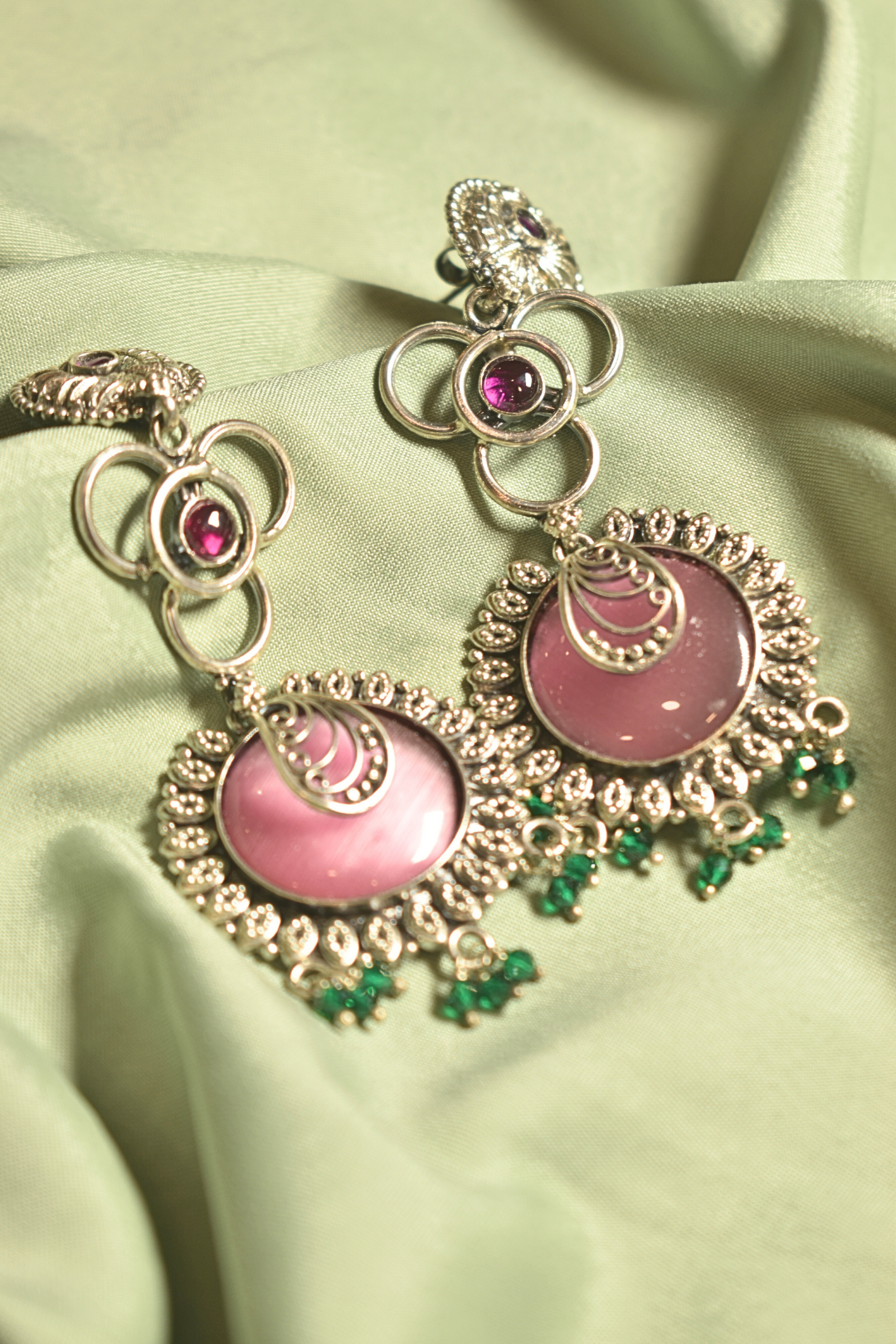 Pink Radiance Silver Drop Earrings with Green Accents