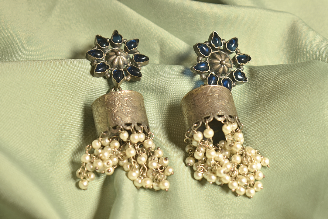 Blue Blossom Elegance Silver Jhumka Earrings with Pearl Cascades