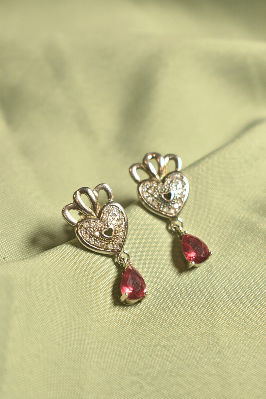Heart-Crown Drop Earrings with Ruby Accents