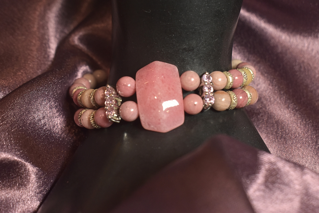 Blush Pink Beaded Bracelet with Crystal Accents and Centerpiece Charm