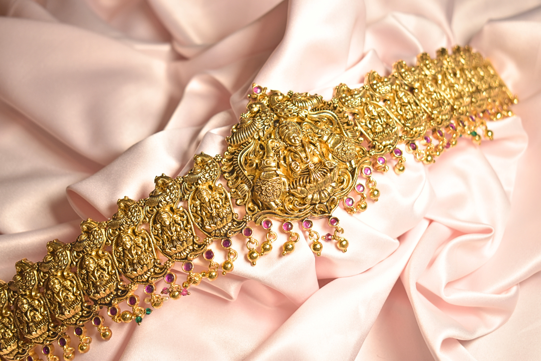 Traditional Women's Waist Belt with Goddess Lakshmi Design and Ruby-Studded Gold-Plated Silver