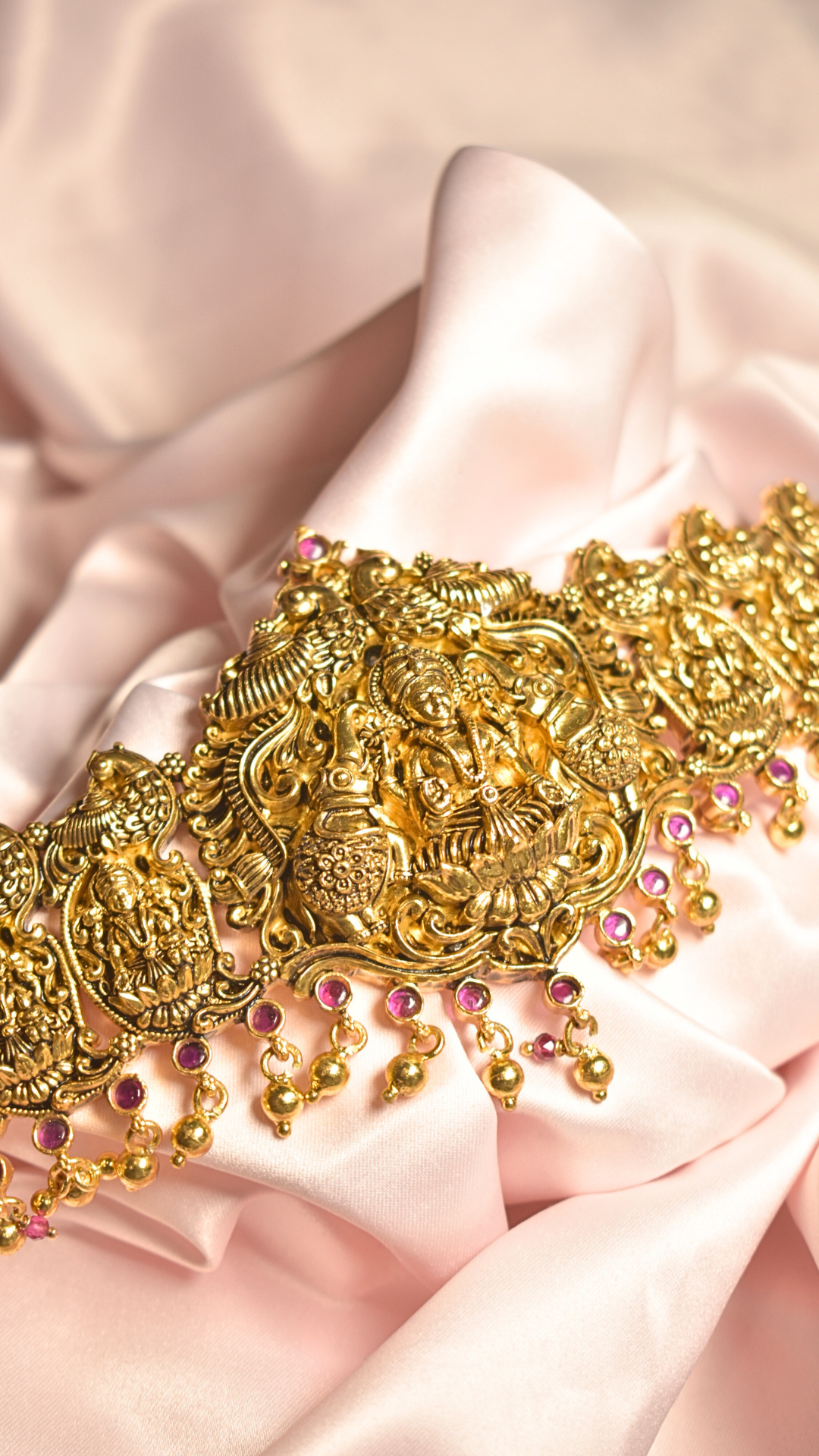Traditional Women's Waist Belt with Goddess Lakshmi Design and Ruby-Studded Gold-Plated Silver