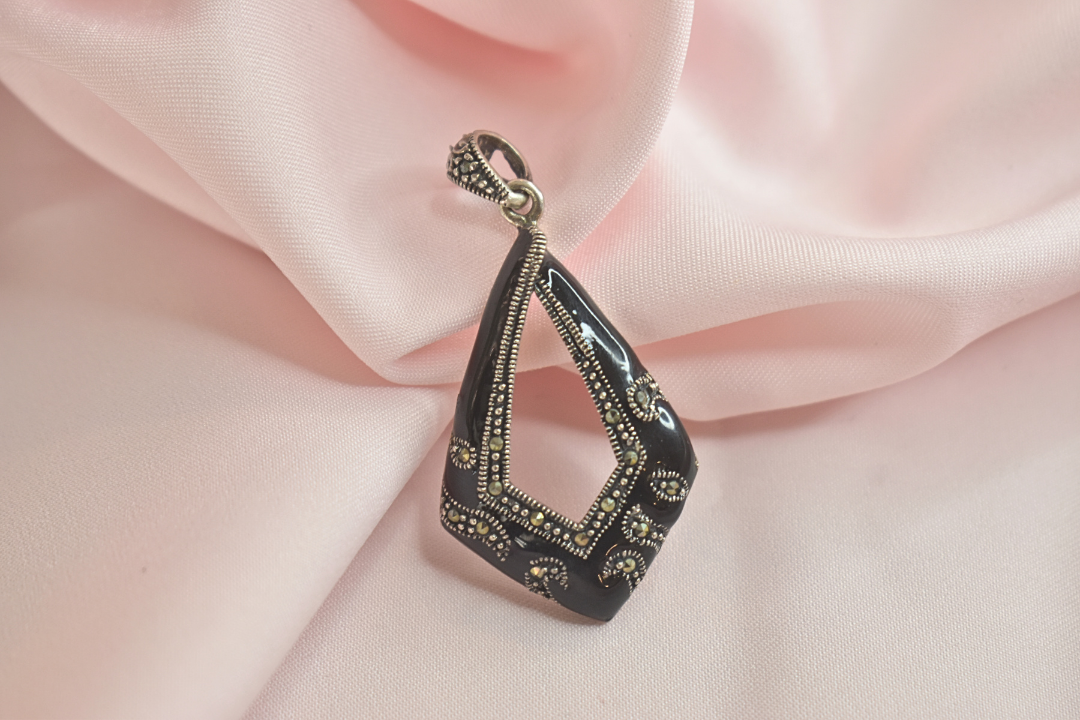 Vintage-Inspired Black Enamel Earrings and Pendant with Intricate Silver Detailing