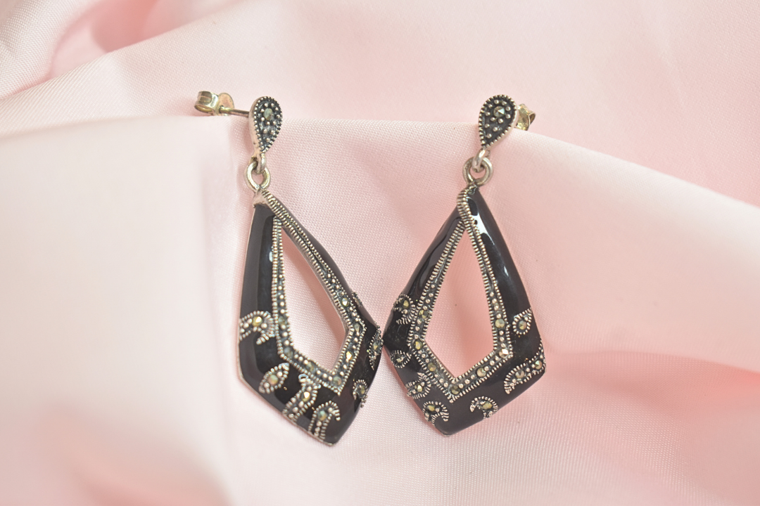 Vintage-Inspired Black Enamel Earrings and Pendant with Intricate Silver Detailing
