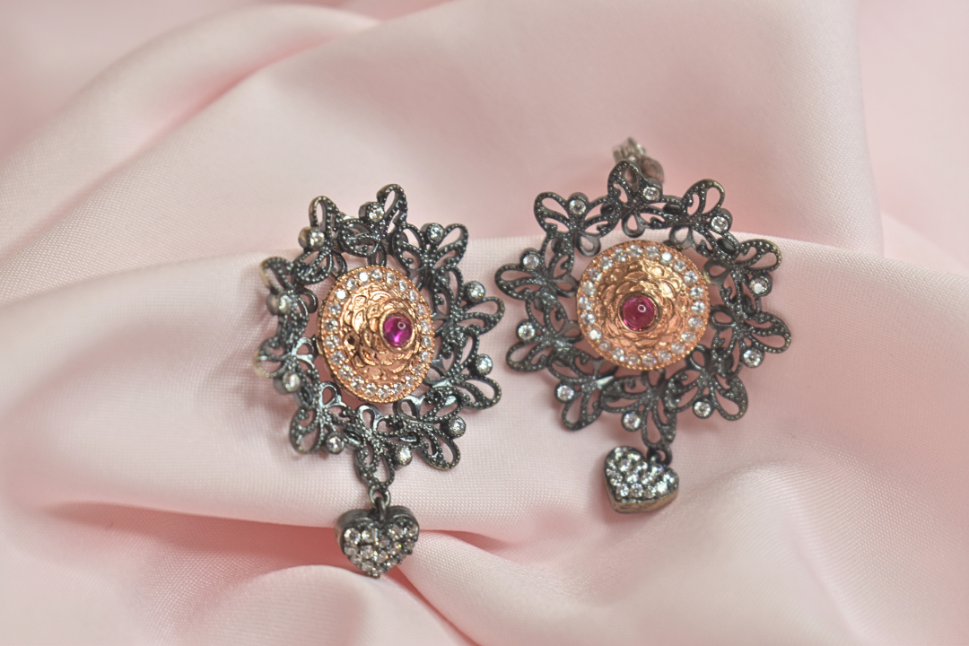 Elegant Floral Earrings and Pendant Set with Rose Gold Accents and Ruby Detailing