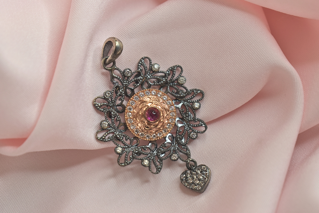 Elegant Floral Earrings and Pendant Set with Rose Gold Accents and Ruby Detailing