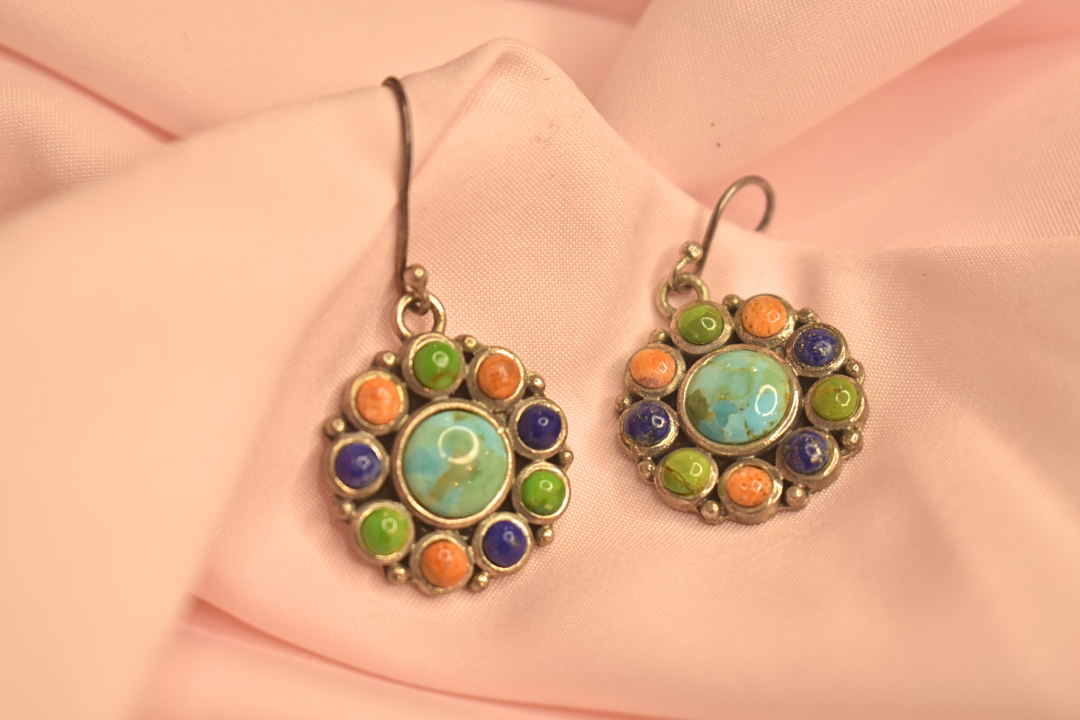 Colorful Stone-Studded Earrings and Pendant Set with Vibrant Floral Design