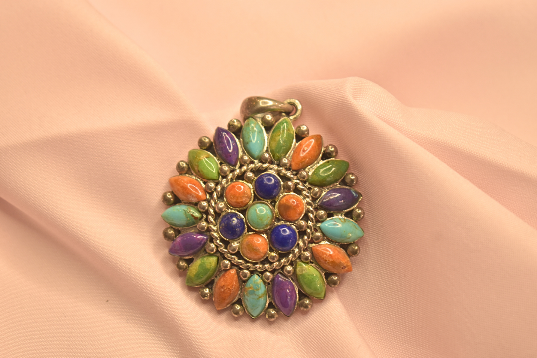 Colorful Stone-Studded Earrings and Pendant Set with Vibrant Floral Design