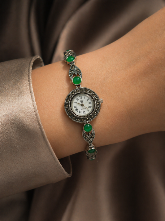 Regal Marcasite & Green Stone Link Watch