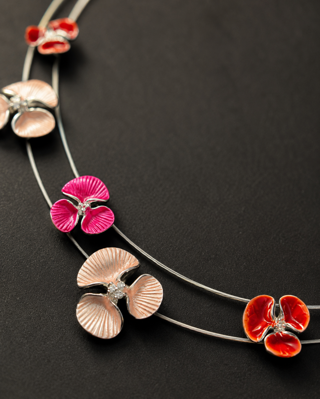 Ruby-Toned Red Flower Necklace & Earring Set