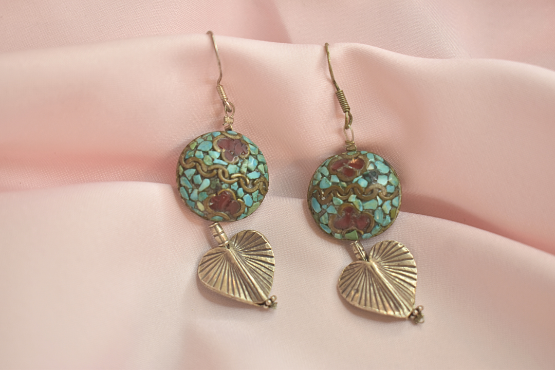Vintage Floral Enamel Pendant and Earrings Set with Heart Details