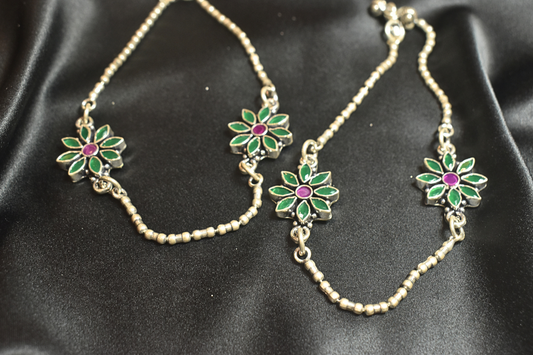 Elegant Floral Green and Purple Accents Anklets