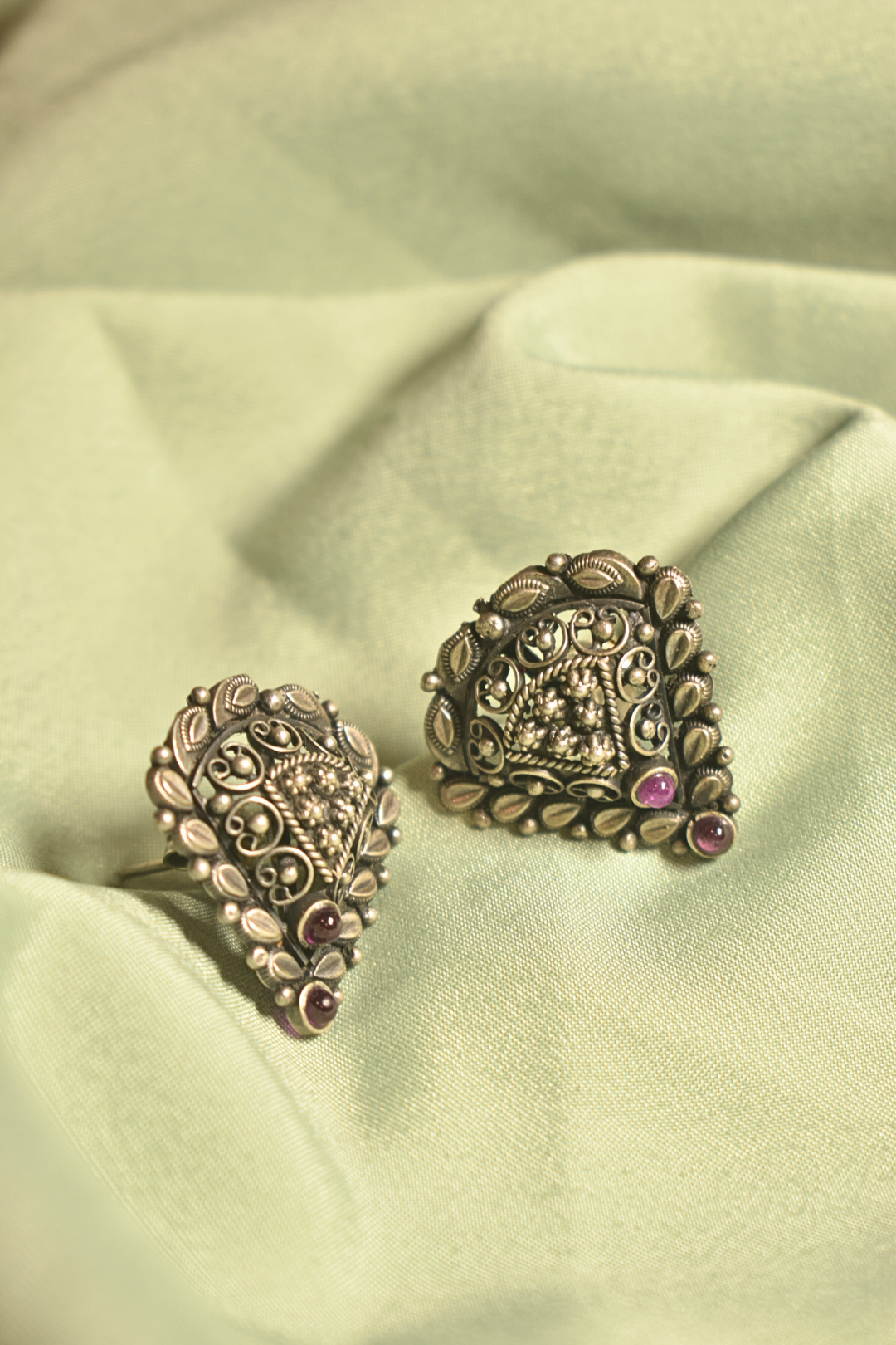 Ethnic Silver-Toned Triangle Stud Earrings