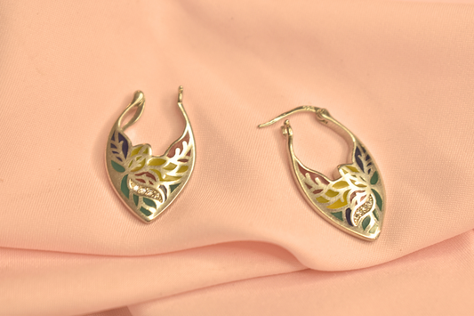 Colorful Enamel Hoop Earrings with Leaf Design